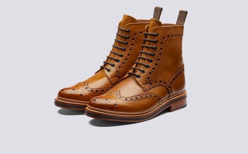 Grenson Fred Mens Brogue Boots - Brown Calf Leather with a Leather Sole HS6750